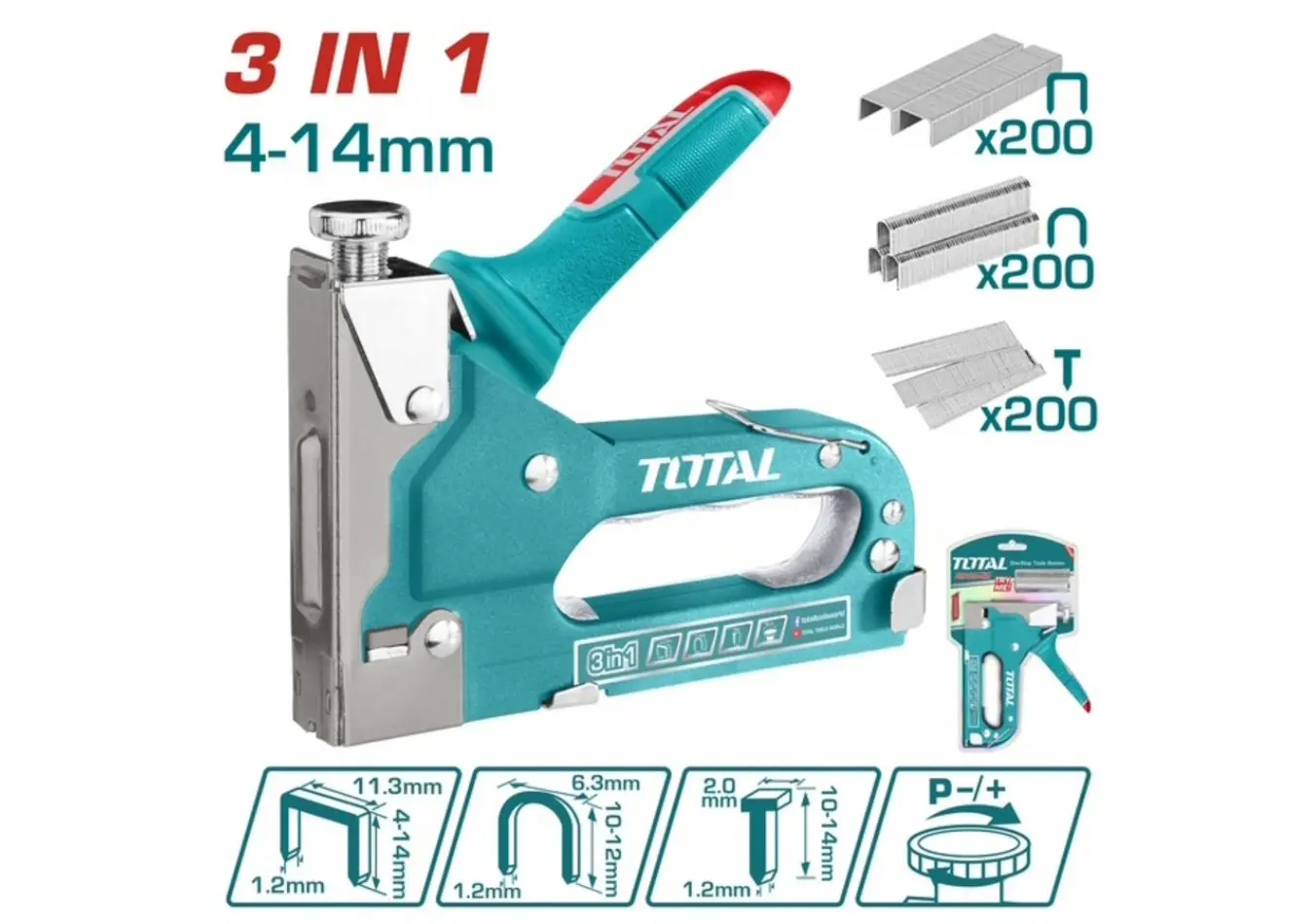 THT31143 - كباسة يدوية 3 بـ 1 ( مسمار وحرف U و كبسة ) مع كبسات و مسامير صناعي TOTAL