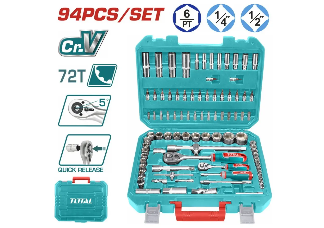 THT421942 - طقم فنجان 1/2+1/4 انش 94 قطعة مع مفاتيح طقطاق + رؤوس مفك + مسدس+نجمة + فنجان طويل TOTAL