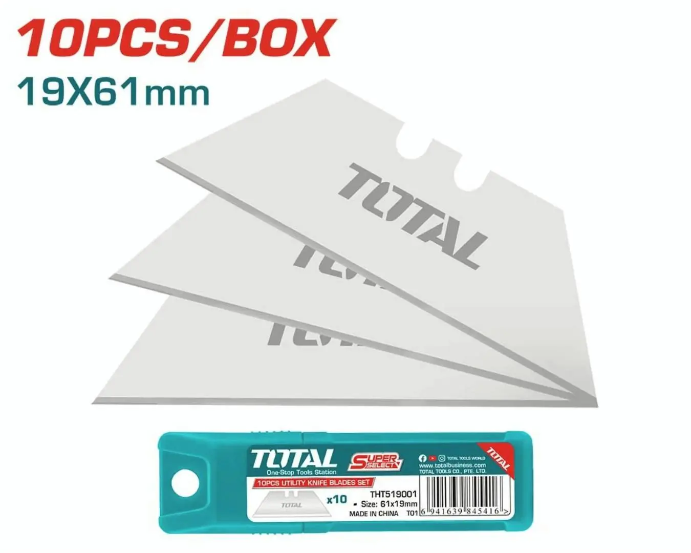 THT519001 - نصلات مشرط طول 61 مم عرض 19 علبة 10 قطع TOTAL