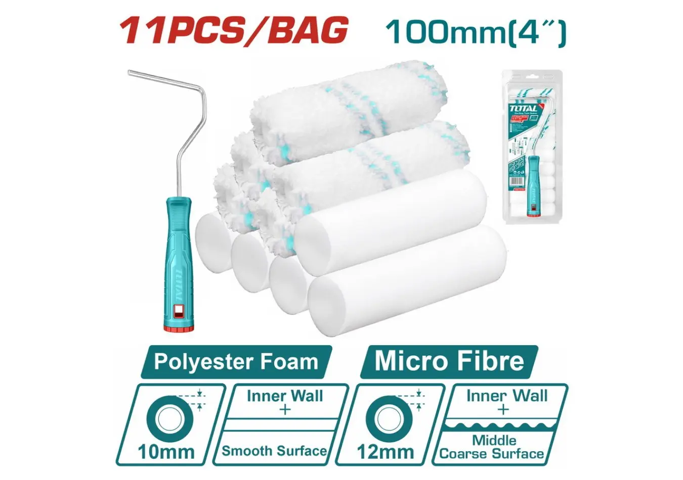 مجموعة رول دهان 4 انش 10 سم اكس 6 مم مع 10 خراطيش 10+12 مم TOTAL CYLINDER BRUSH 12 IN 1 SET