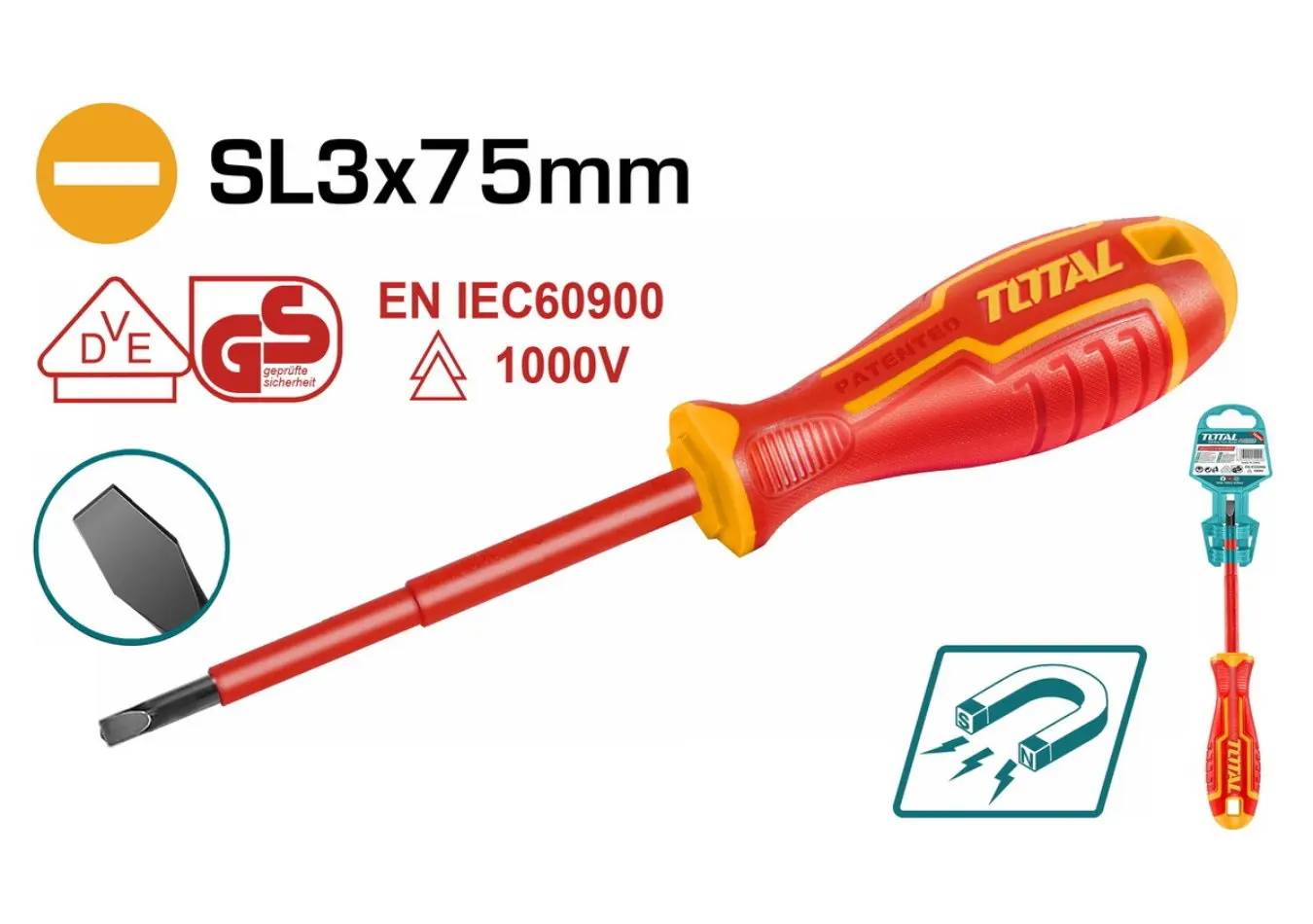مفك براغي شق معزول احمر SL3*75 حديث صناعي ماركة TOTAL