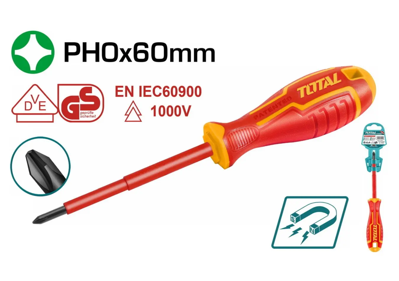 مفك براغي مصالب معزول احمر PH0*60 ماركة TOTAL CRV
