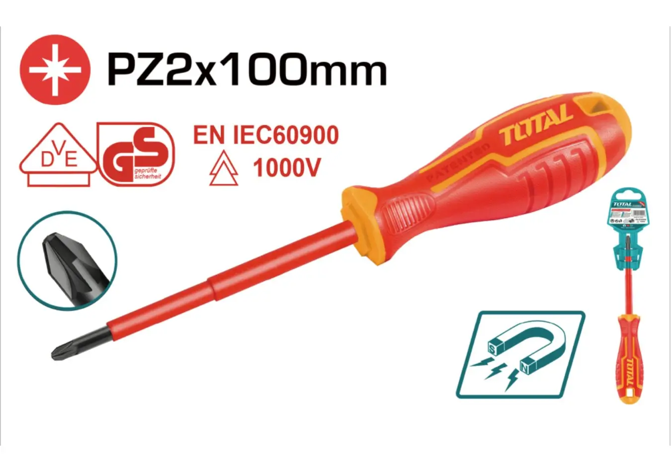 مفك براغي مصالب معزول احمر PZ2*100 تصميم جديد TOTAL CRV
