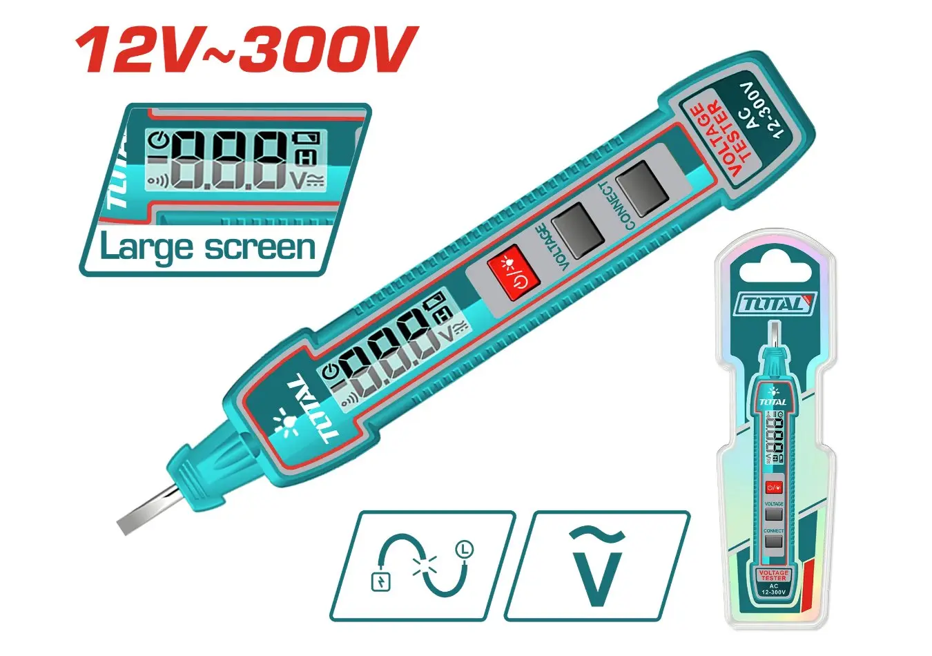 THTS33001 - قلم فحص 300- 12 فولت ماركة TOTAL شاشة ديجيتال LCD مع منبه صوت وضوء اقفال ذاتي مع بطارية