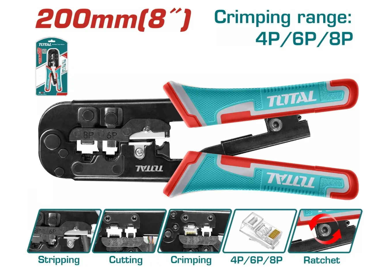 TMPCN5468R - بانسة مكبس جكة كبل شبكة RJ قياس 8 انش 4P-6P-8P توفير عزم ماركة TOTAL