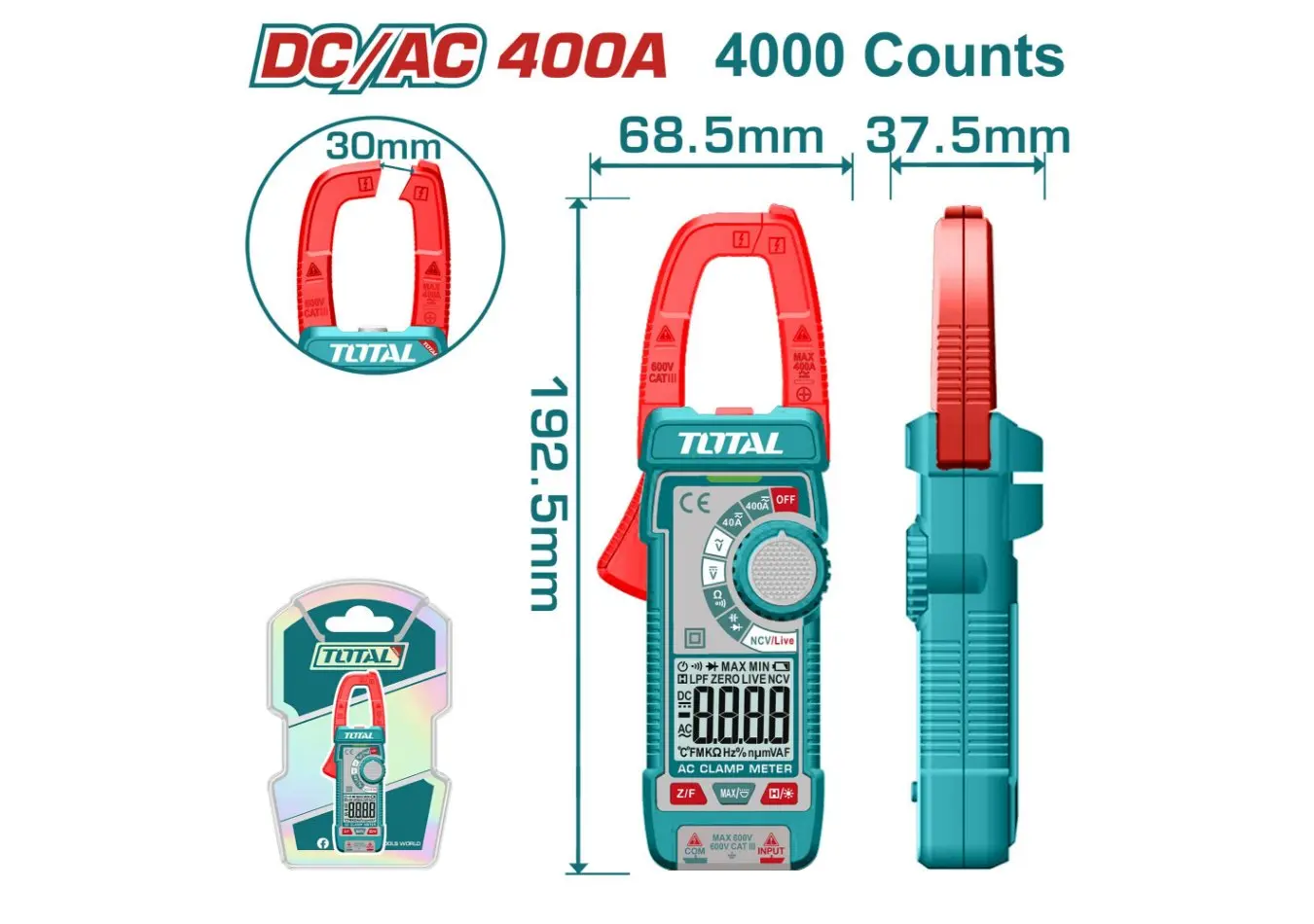 كلبس امبير 400 امبير 4000 عملية AC/DC مقياس مقاومة مكثفات ماركة TOTAL