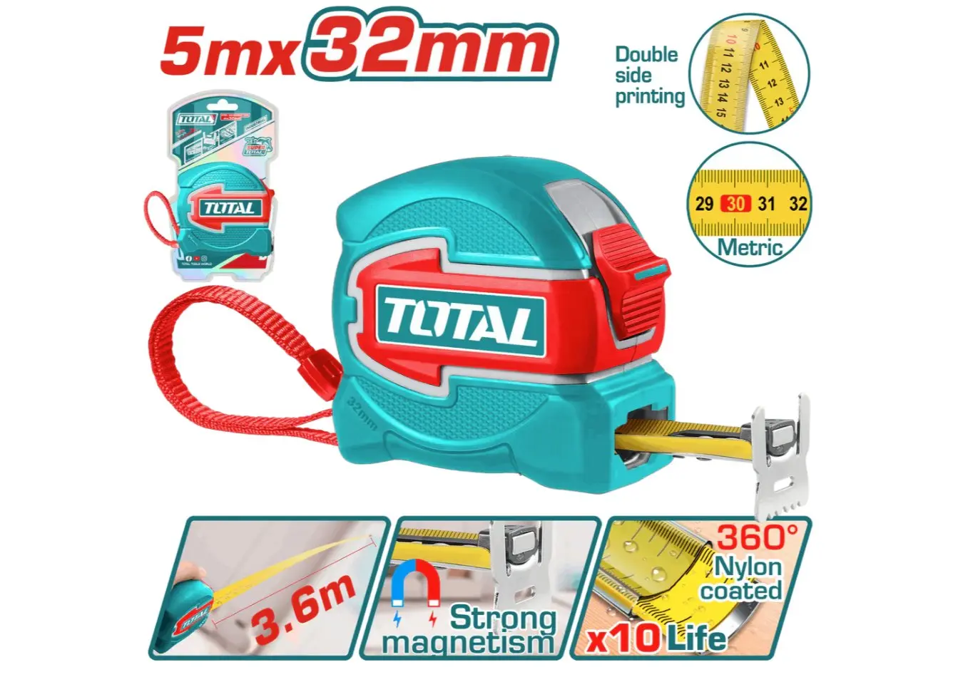 متر كوشوك قياس 5 متر عرض 32 مم وجهين مع راس مغناطيس ماركة TOTAL