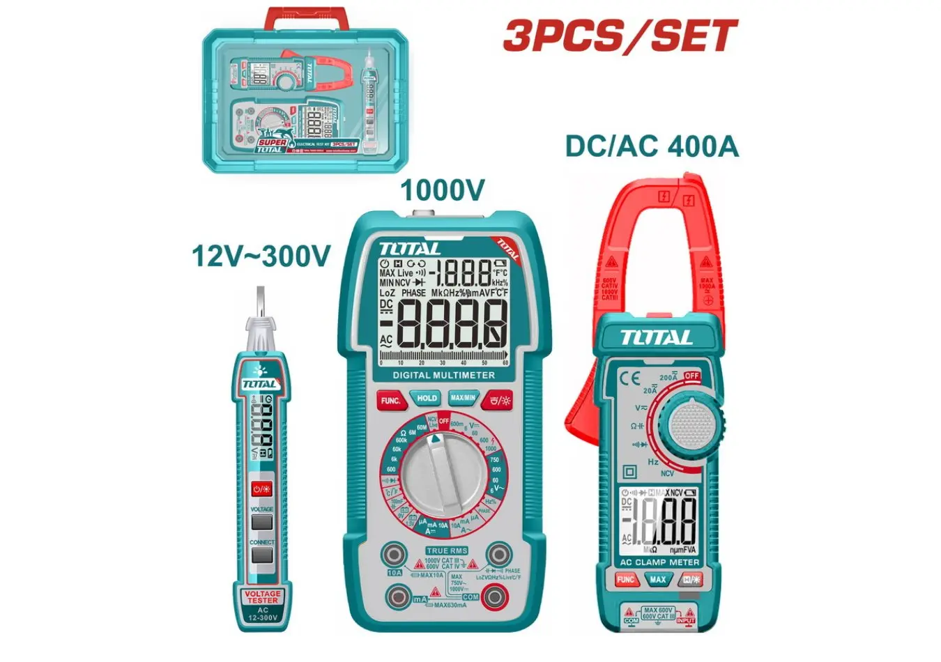 TOS24067 - مجموعة 3 قطع افومتر + كليبس 400a+1000v+قلم فاحص ضمن حقيبة بلاستيك ماركة TOTAL