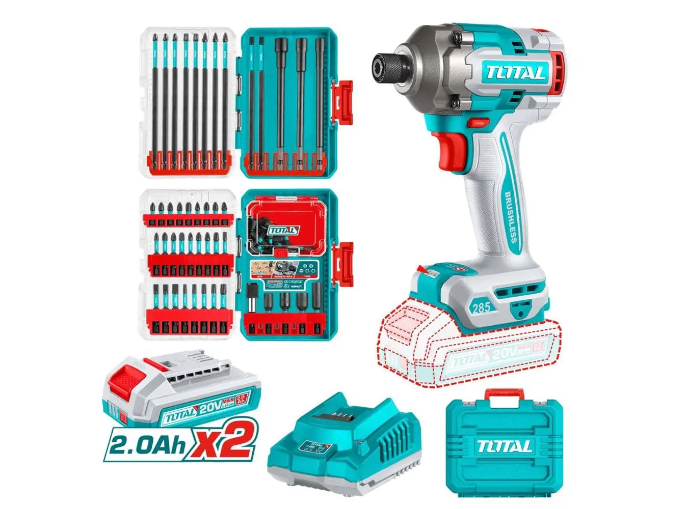 TOSLI250784 - فرد شد بطارية 20 فولت 1/4 انش 285 نيوتن BL + مجموعتين رؤووس (شد + لقم هنكار) + بطارية 2 امبير عدد 2