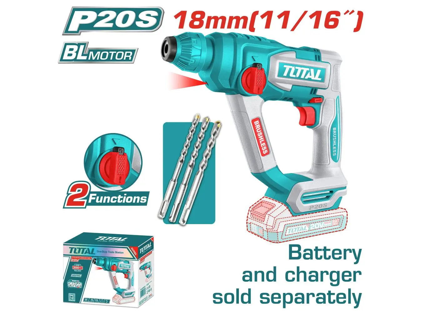 مثقب بطارية 20 فولت 18 مم SDS PLUS طرق 1.8 جول BL بدون بطارية وشاحن TOTAL