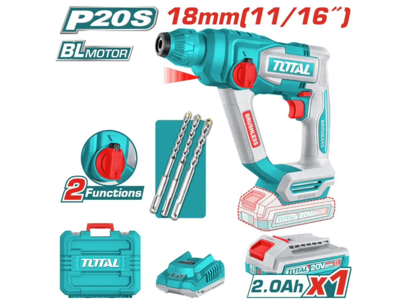 مثقب بطارية 20 فولت 18مم 1.8جول BL SDS PLUS + بطارية 2 امبير + شاحن + اكسسوارات ضمن حقيبة بلاستيك TO