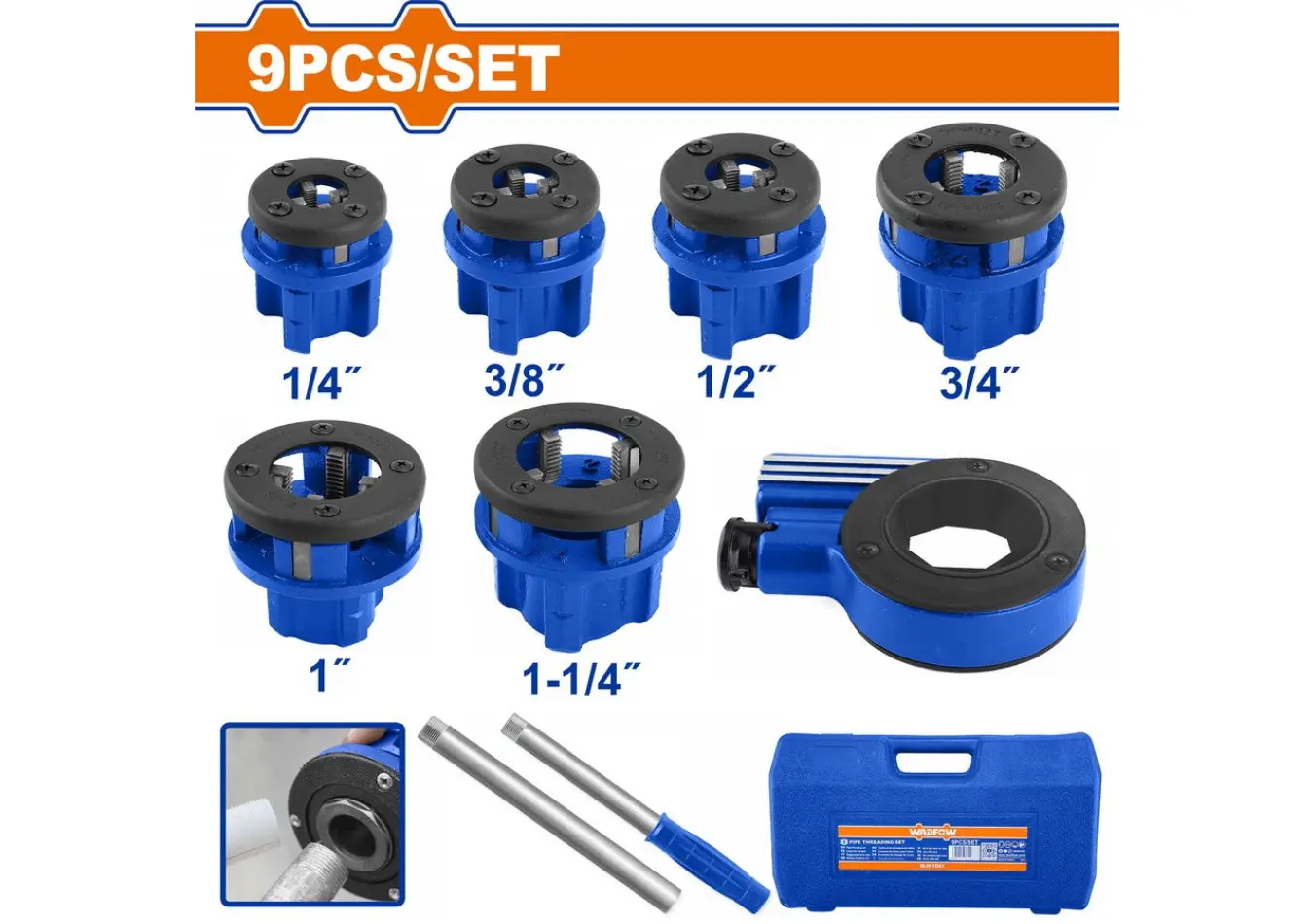 طقم حدايه بواري صحية 1/4",3/8",1/2",3/4",1",1 1/4" ضمن علبة بلاستيك ماركة WADFOW