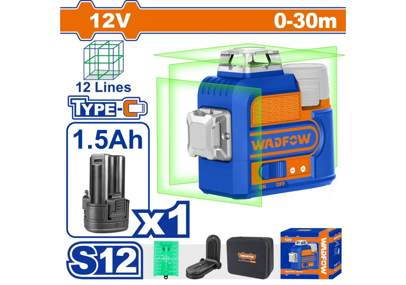شقلة ليزر اخضر 12 فولت 12 خط 30 متر ماركة WADFOW بطارية S12 TYPEC