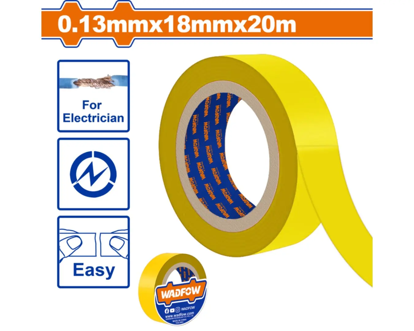 WPN1011 - توال لاصق PVC لون اصفر طول 20 متر عرض 18 مم ماركة WADFOW