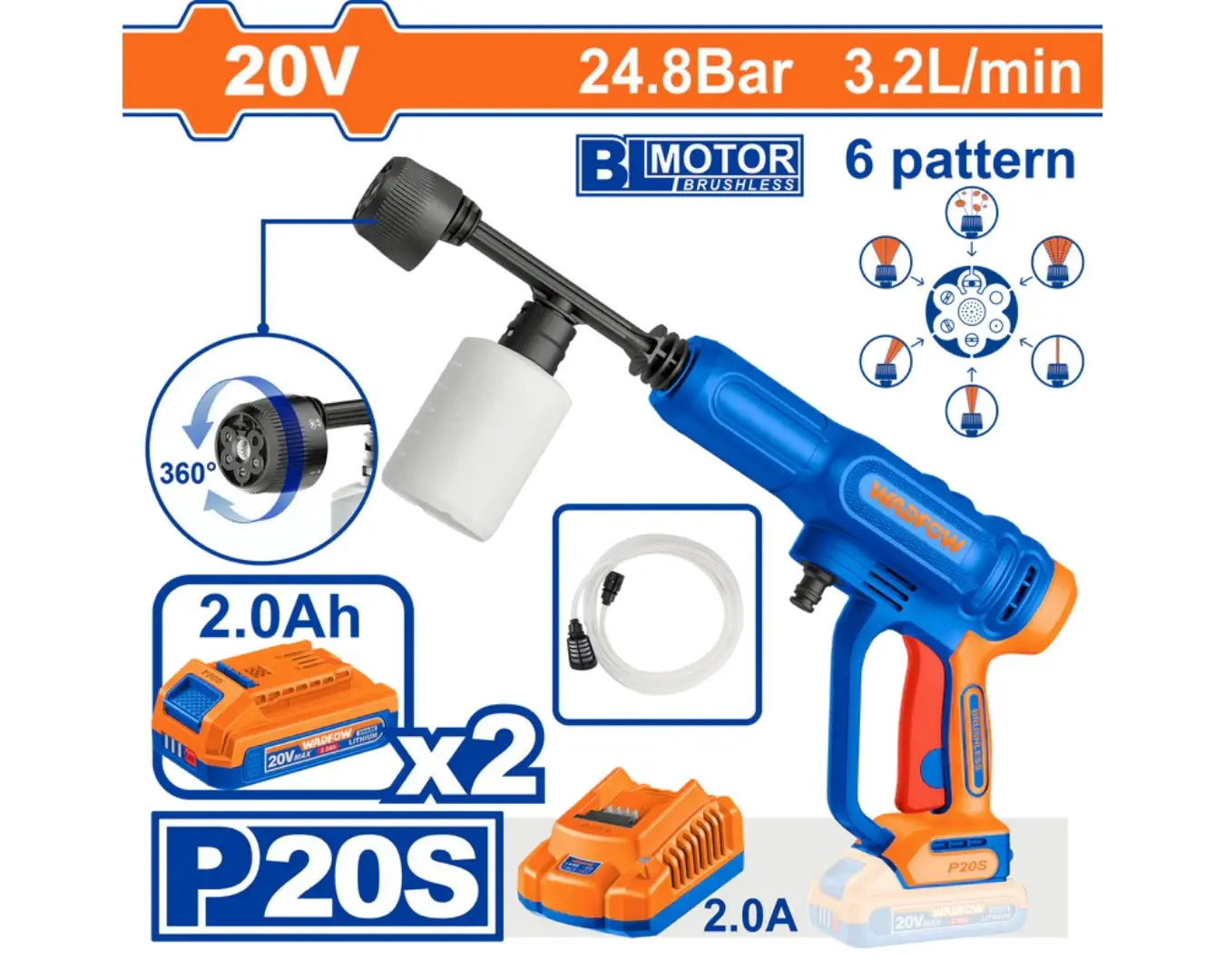 WQX11203 - مغسل سيارات بطارية 20 فولت ضغط 24.8 بار BL + بطارية 2 امبير عدد 2 + شاحن WADFOW