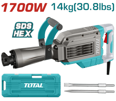TH217088 - كسارة دق زيت 1700 واط 60 جول وزن 14 كغ + ازاميل(شوكة+ مبسط) ضمن حقيبة بلاستيك TOTAL