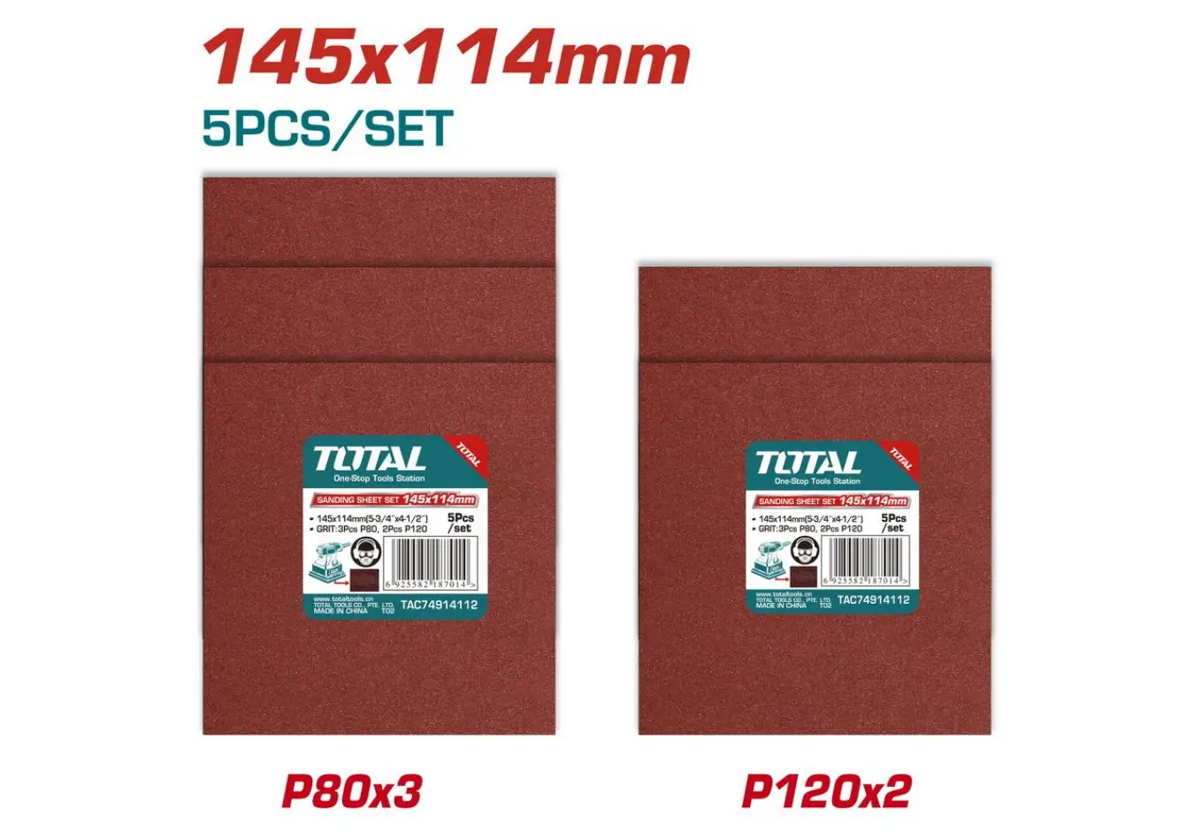 ورق برداغ 145 × 114 نعومة P 80 /3 , P120/2 مجموعة 5 قطع TOTAL