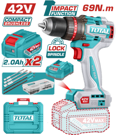 مثقب بطارية 42 فولت رجاج 69 نيوتن BL كوان 13 مم + بطاريتين 2 امبير +شاحن ضمن حقيبة بلاستيك TOTAL