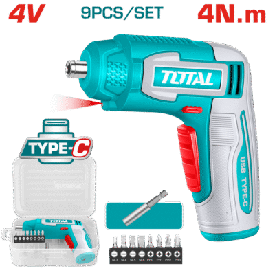 مفك براغي 4 فولت عزم 4 نيوتن شحن TYPE-C + اكسسوارات ضمن حقيبة بلاستيك TOTAL
