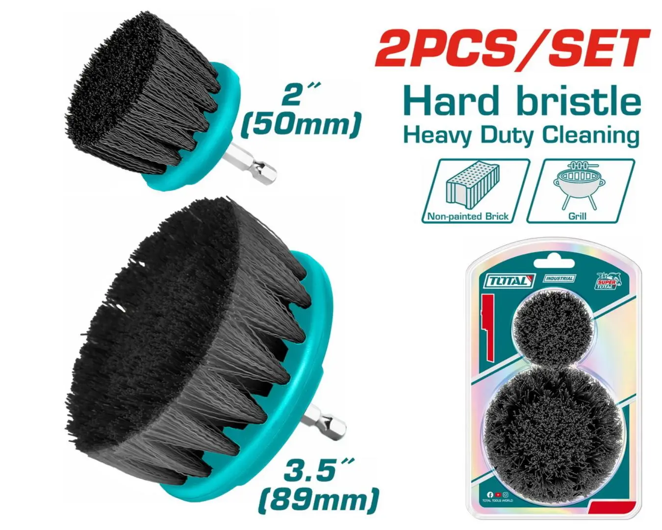 مجموعة فرشاة مثقب تنظيف خشنة قاسية دائرية سوداء 2-3.5 انش حديث صناعي على كرت ماركة TOTAL