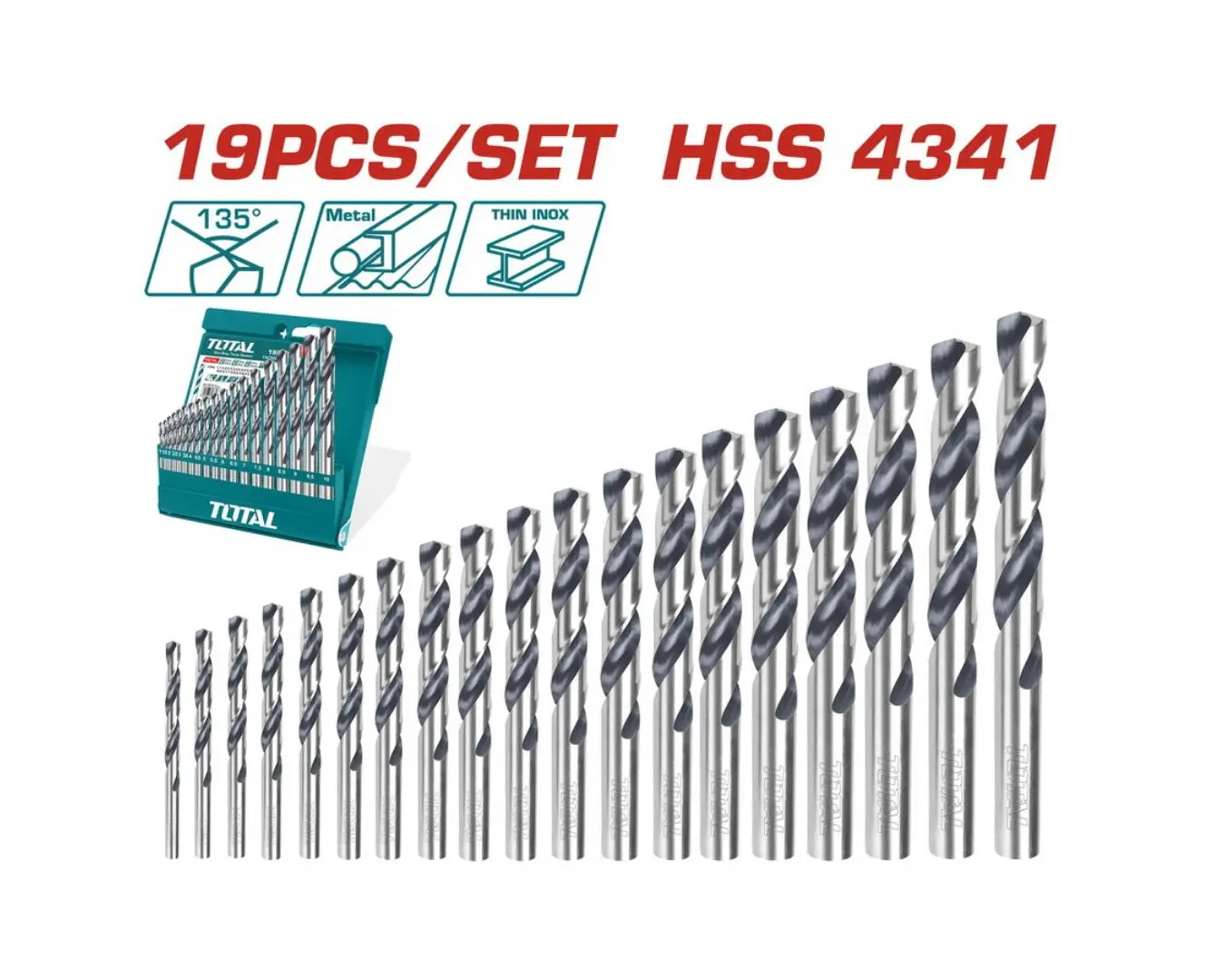 طقم ريش حديد HSS4341 عدد 19 ( 1 مم الى 10 مم ) TOTAL