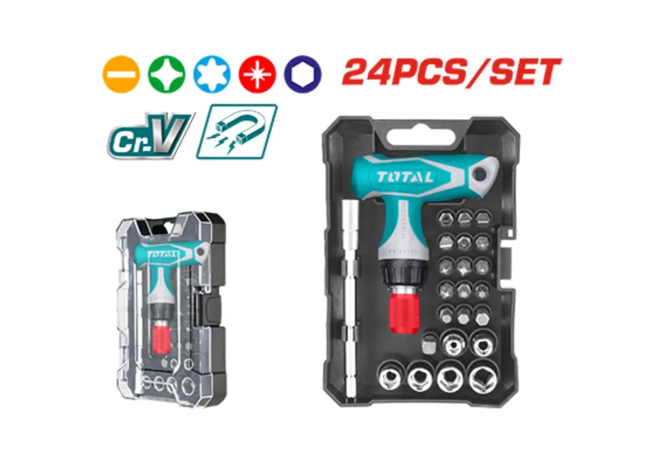 طقم مفك براغي 24 قطعه شكل حرف T طقطاق براغي + جوز ماركة TOTAL