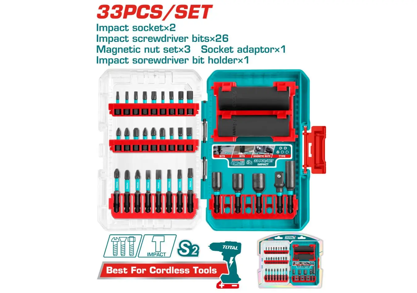 TACSDL63306 - مجموعة راس شد رجاج 33 قطعة رؤوس شد شق + مصالب طويل + قصير + جوز ضمن علبة بلاستيك TOTAL