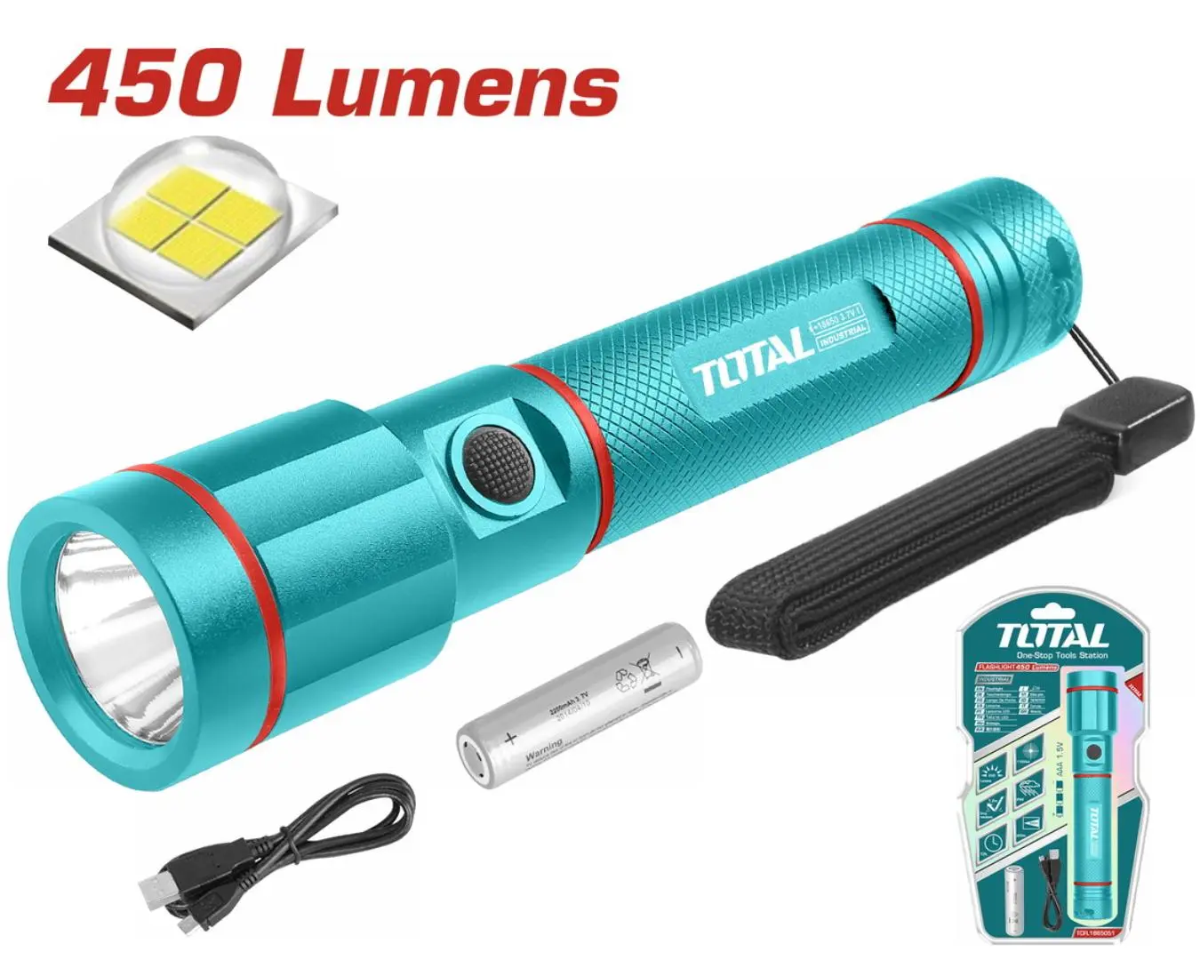 بيل يدوي المنيوم 3 مستويات 50-150-450 لومينز 18-4 ساعة عمل مع بطارية 2000 صناعي TOTAL