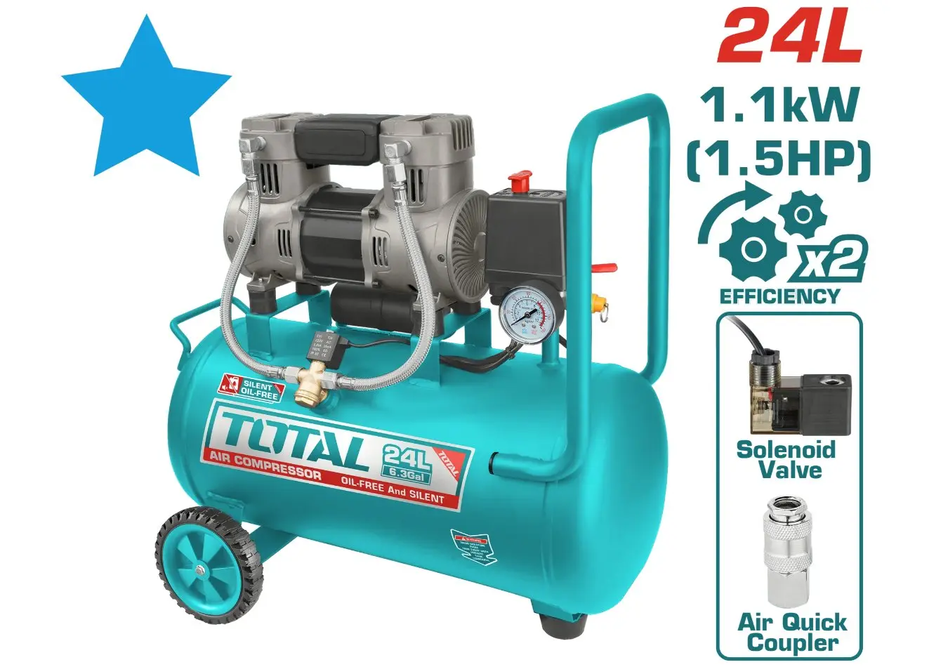 كمبرسور ضاغط هواء 24 ليتر 1.5 حصان صامت 1100 واط TOTAL ملف المنيوم موديل حديث