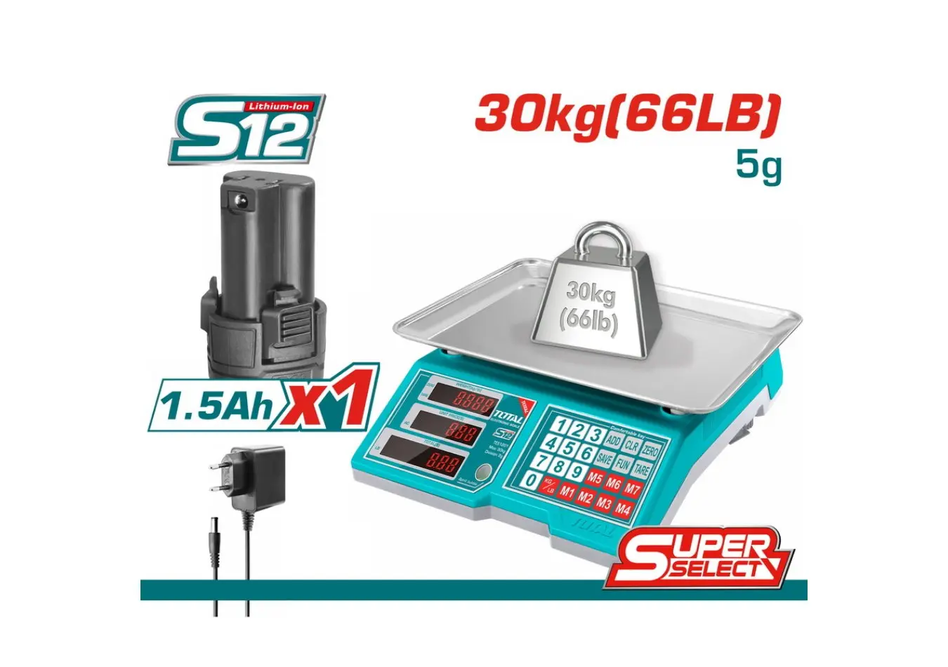 ميزان الكتروني 30 كغ بطارية S12 - 12 V ماركة TOTAL
