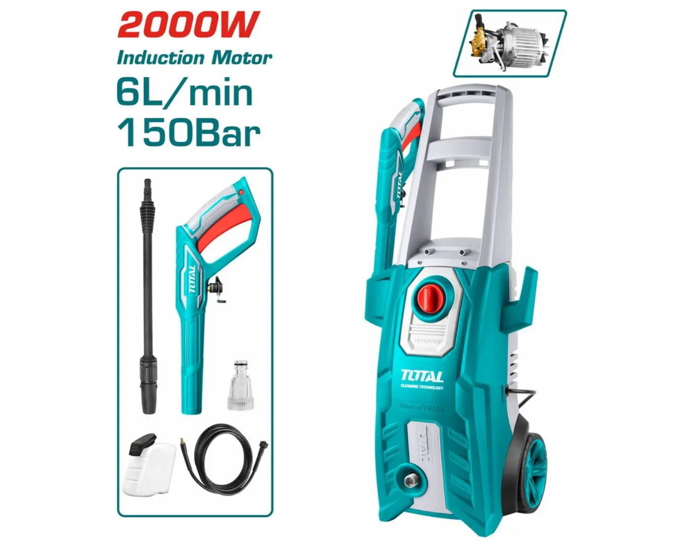 مغسل سيارات 2000 واط 150 بار محرك صناعي + خرطوم 5 متر TOTAL (( صناعي ))