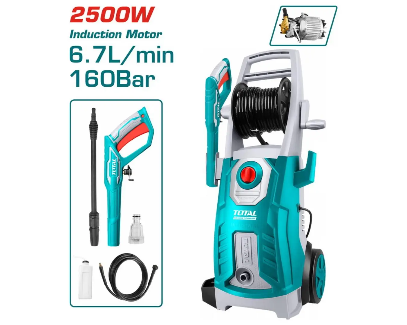 مغسل سيارات 2500 واط 160 بار محرك صناعي + خرطوم 5 متر+ TOTAL