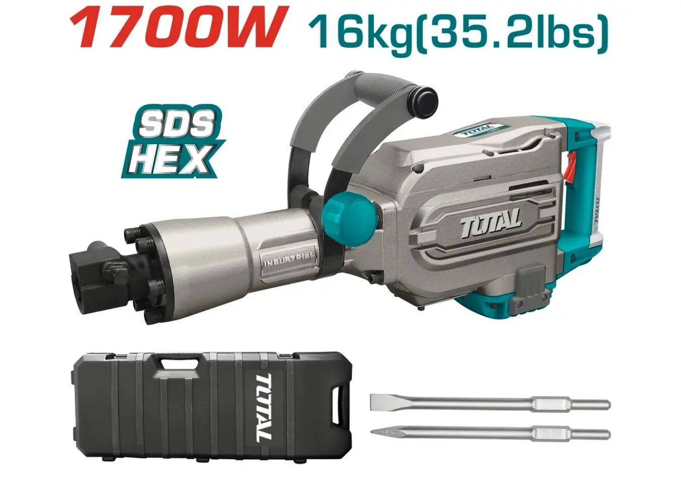 كسارة دق زيت 1700 واط 65 - HEX جسم معدن +ازاميل (شوكة+مبسط) ضمن حقيبة بلاستيكTOTAL