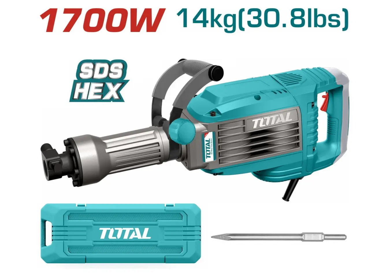 كسارة دق زيت 1700 واط 50 جول وزن 14 كغ 65 - HEX + (ازميل شوكة )ضمن حقيبة بلاستيك TOTAL حديث