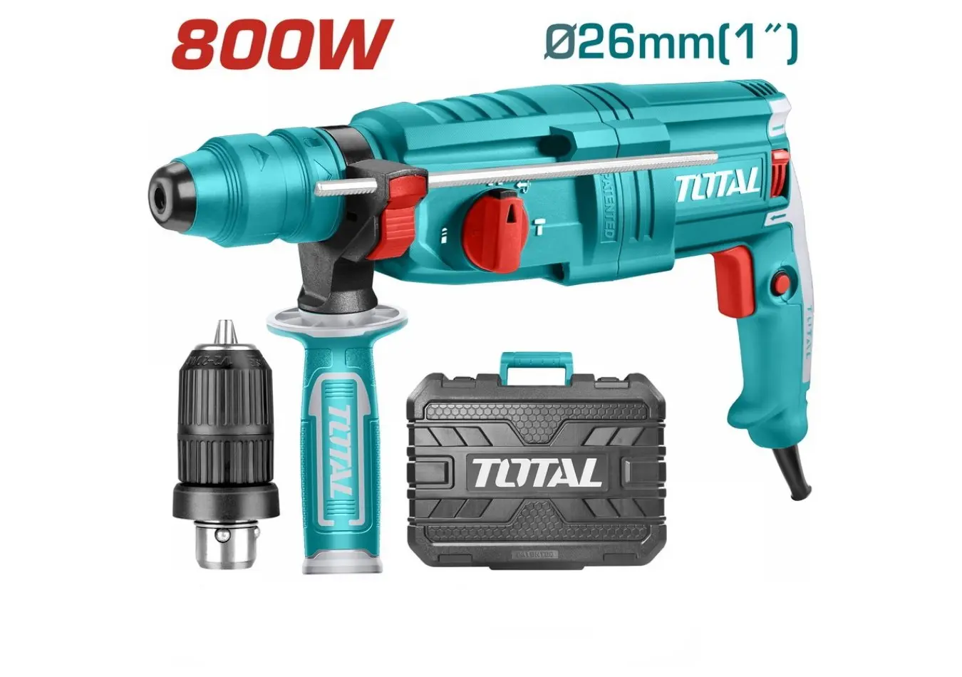 مثقب 800 واط 26 مم 2.5 جول SDS PLUS + كوانة اتوماتيك + اكسسوارات ضمن حقيبة بلاستيك TOTAL (( حديث ))
