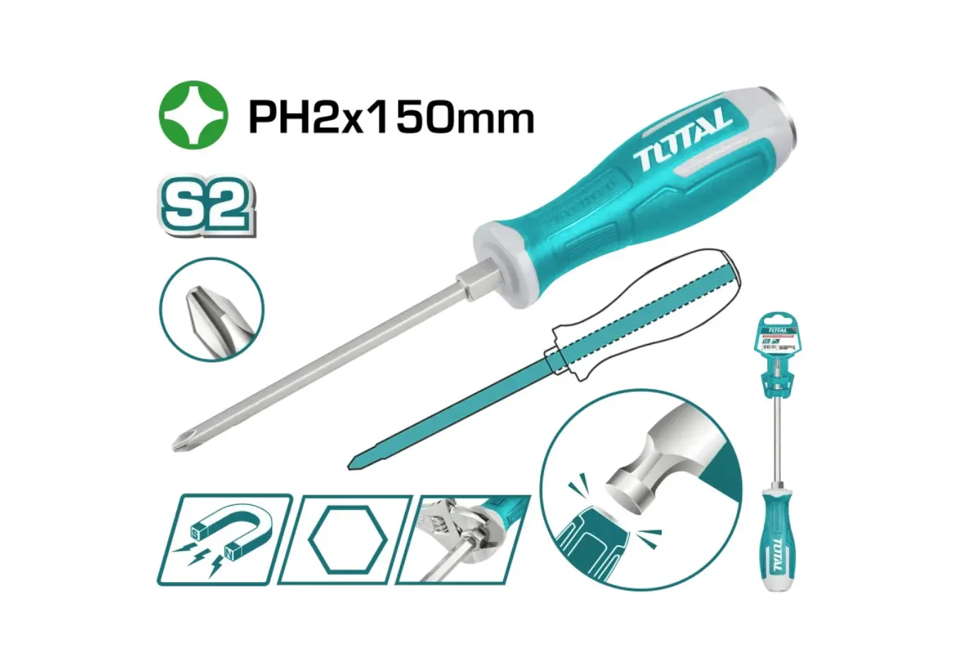 مفك براغي طرق مصالب PH2*150 ماركة TOTAL (( صناعي ))CRV