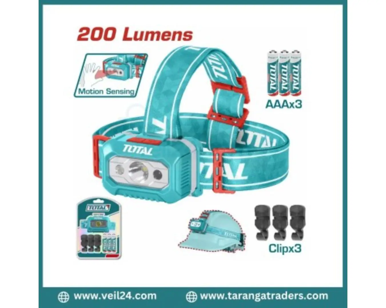 بيل على الراس 100 لومينز مدى 91 متر ضد المطر IPX4 على كرت TOTAL